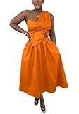 GHAKKE Women's Sexy One Shoulder Vacation Dress Fashion Floral Knot Sleeveless Cut Out Backless A Line Flowy Midi Dresses(Orange,Small)