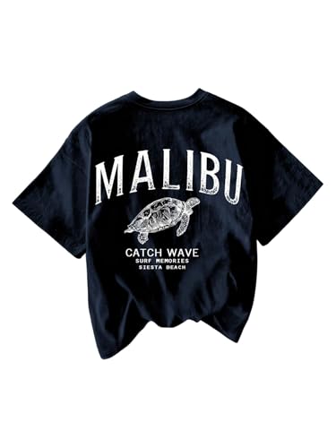 SweatyRocks Women's Turtle Print Crew Neck Graphic T Shirt Summer Short Sleeve Casual Tees Blue Medium