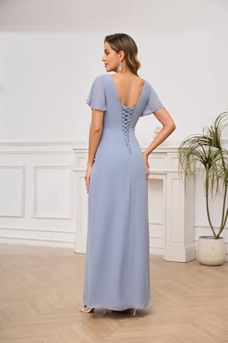 AUMEELAM Ruffled Sleeve Chiffon Mother of The Bride Dress Scoop Neck Beaded Ruched Wedding Guest Dresses3