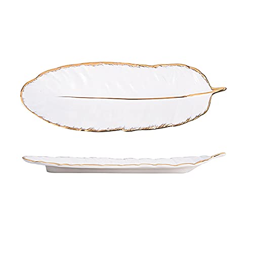 CéRamique Plateau à Bijoux Forme De Plume,10" Organisateur CosméTiques En Plaque Feuilles Plateaux à Bibelots Plaque Plateau Organisateur Avec Bord Doré,Plateau Cadeaux De Mariage DéCoration (blanc) Cover