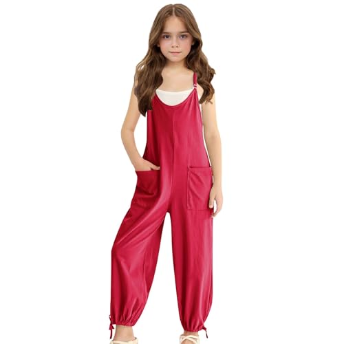 AOREUGL girls fashion Girls Jumpsuit Casual Sleeveless Spaghetti Strap Overalls Harem Long Pants Rompers With Pockets Size 5-14 Years Hot Pink kids clothes girls size 10-12 11-12 Years