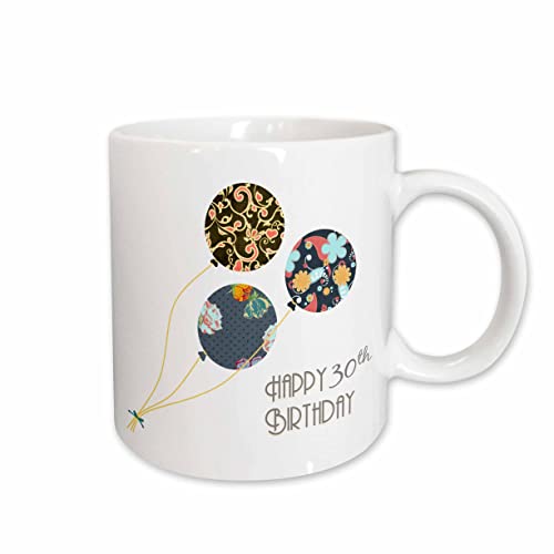 3dRose Happy 30th Birthday Modern Floral Balloons Black Blue 15oz Mug