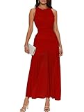 GOKATOSAU Women's Sleeveless Round Neck Full Ruched Bodycon Mesh Ruffle Hem Long Maxi Dress Red