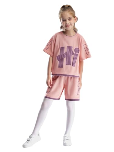 Kids Girls Letter Print Short Sleeve T-shirt And Shorts Sports Tracksuit 2 Pieces for Running Jogging Exercise Pink 7-8 Years2
