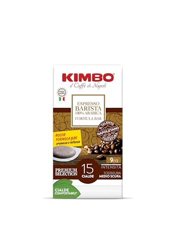 Kimbo 240 monodosis compostables ESE – Mezcla Espresso Barista 100% Arábica, Premium Selection, Intensidad 9/13, Tostado Medio-oscuro – 16 paquetes de 15 cápsulas