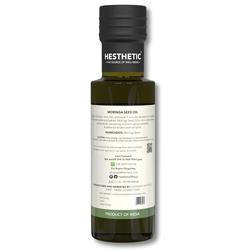 HESTHETIC Premium Organic Virgin Cold Pressed Moringa Seed Oil, 100ML, 100% Pure & Natural, Rich in Antioxidants, Nourishing for Skin, Hair and Scalp, Moisturizing, Packaged in Glass Bottle