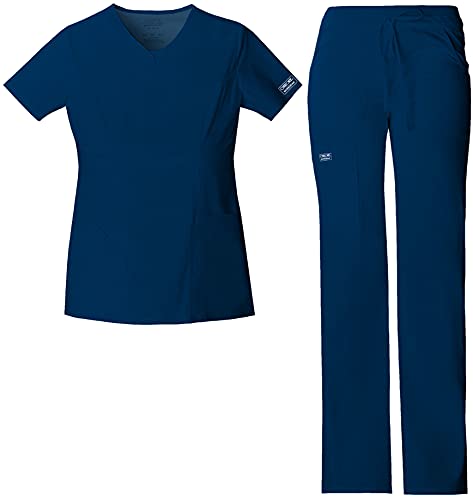 Best Quality 🔥 CHEROKEE Women's Workwear Core Stretch Junior Fit V-Neck Scrub Top 24703 & Junior Fit Low-Rise Drawstring Cargo Scrub Pants 24001 Medical Scrub Set (Navy - XX-Large/X-Large)