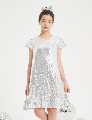 EXARUS Girls Sparkly Dresses Ruffle Sleeve Glitter Sequin Crew Neck A-Line/Bodycon/Tunic Dress for Girl 6-14Y3