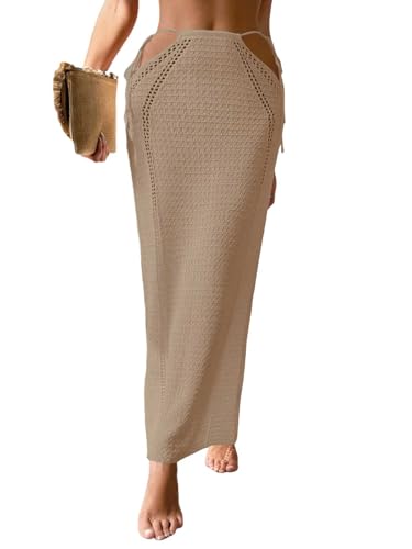 Womens Crochet Knit Slim Fit Beach Sarong Summer 2025 Waist Tie Hollow Out Bathing Suit Cover Up Maxi Skirt