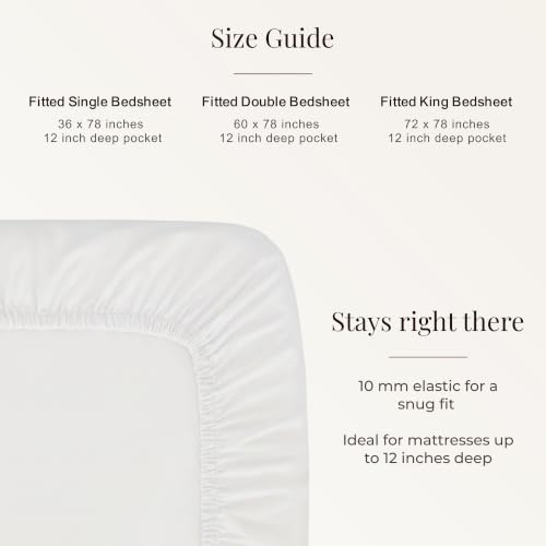 Image of Huesland 300 TC Premium 100% Pure Cotton Luxe Soft Touch Fitted Double Size Bedsheet Cotton with 2 Pillow Covers | White | 60 x 78 Inches