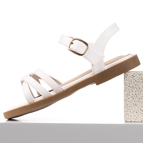 Pandaninjia Girls Sandals Hannah Square-Toe Summer Shoes Dress Sandals Flats For Toddler/Little Kid/Big Kid (White Pu, 3 M Us Little Kid) #TOP2