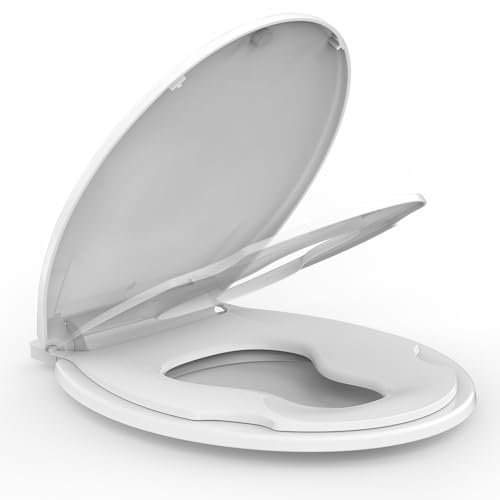 Potty Training Seat Built-In Toilet Seat, Round Toilet Seat 17 Inch with Baby Seat, 2 In 1 Soft Close Quiet No Slapping, Magnetic Absorption, Easy Ins