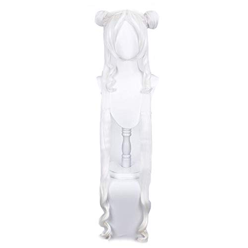 PWEINCY Sailor Cosmos Wig Chibi Chibi Cosplay Wig with Buns Long Silver White Hair