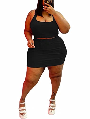 Annystore Women Plus Size 2 Piece Outfits Dress Sexy Scoop Neck Sleeveless Crop Tank Top Bodycon Skirt Club Outfits Black 5XL