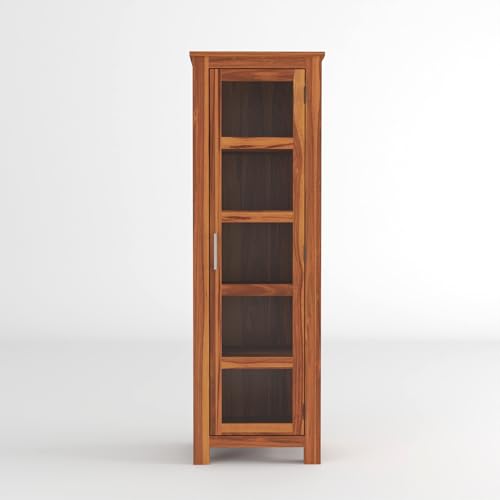 Image of Sheesham Wood Corner Book Shelf with Acrylic Glass Door | Wooden Sideboard Crockery Cabinet with 5 Shelf Storage | Kitchen Display Unit | Bookshelf for Home Library | Honey Finish