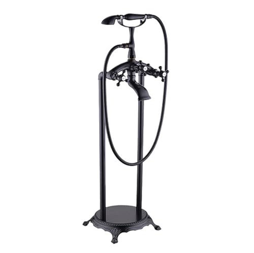 Robinet de baignoire autoportant noir avec douchette et mitigeur pivotant à 360°