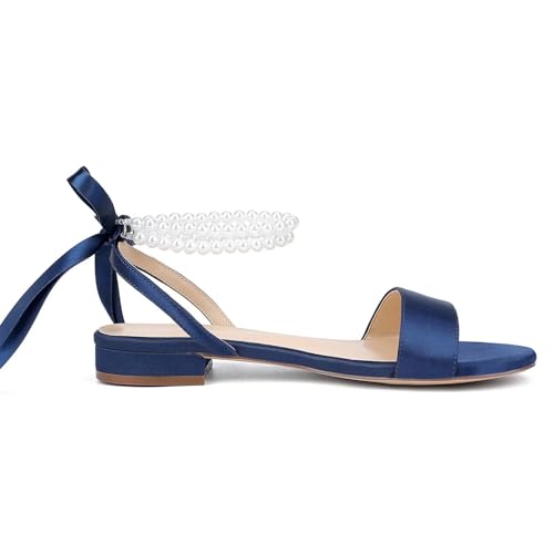 Image of Satin Wedding Flats for Bride Pearl Sandals Open Toe Bridal Shoes Flat Wedding Shoes for Bride
