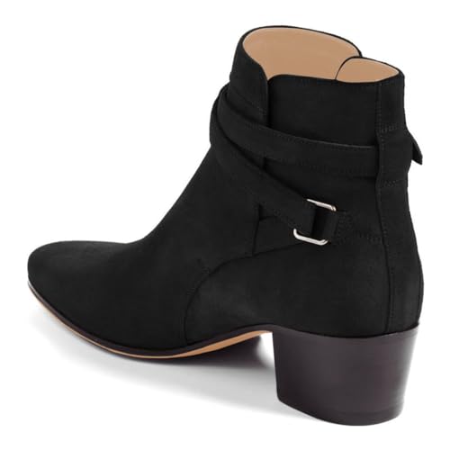 FSJ Women Elegant Round Toe Ankle Boots Comfortable Walking Mid High Chunky Heel Strappy Buckle Dress Shoes Size 4-15 M US4