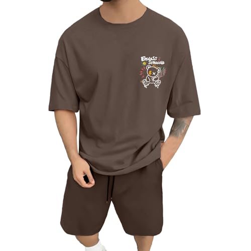 Look streetwear surdimensionné ensemble d'été homme café t-shirt imprimé coupe ample XXL