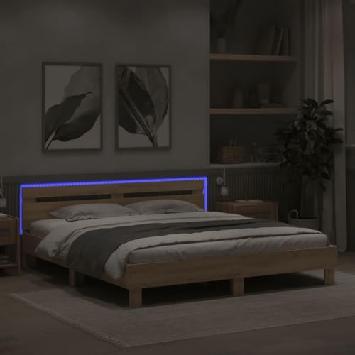 Faroom Holzbett Futonbett Bett 160 x 200 cm mit LED-Beleuchtung,Lattenrost & Kopfteil, Bettrahmen Holzwerkstoff Einzelbett Doppelbett Bettgestell Sonoma-Eiche Faroom Holzbett Futonbett Bett 160 x 200 cm mit LED-Beleuchtung,Lattenrost & Kopfteil, Bettrahmen Holzwerkstoff Einzelbett Doppelbett Bettgestell Sonoma-Eiche
