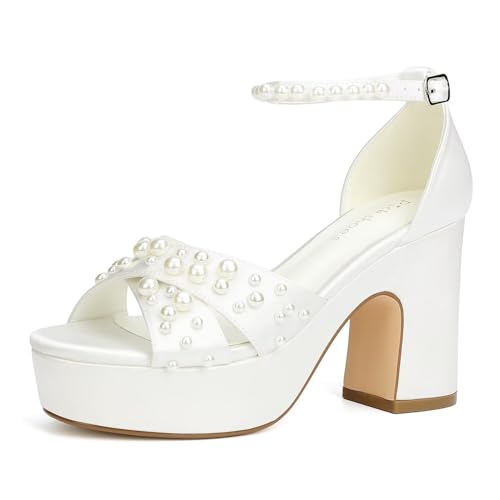Women's Platform Heels Pearl Wedding Shoes for Bride Open Toe Chunky Heel Bridal Sandals