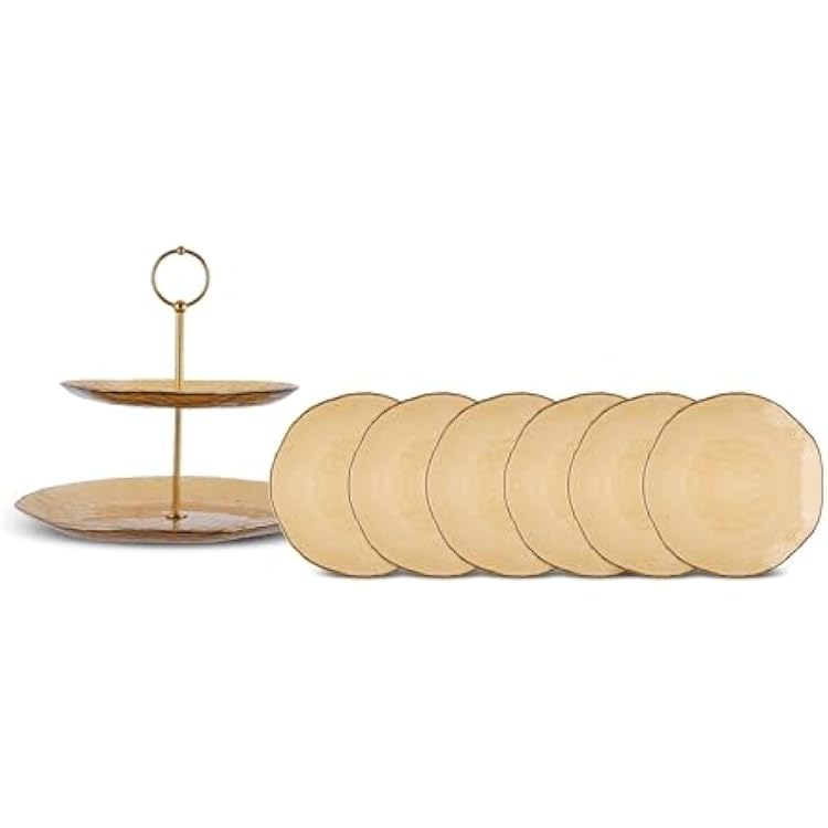 KARACA Dessert Plates and Cake Stand Set of 7 - Elegant & Stylish Large Side Plates for Afternoon Tea Party - Glass, Round & Dune Amber Colour - Ideal for Serving Appetizer or Salad to 6 People