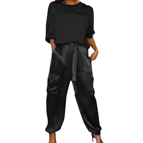 Satin Pants Set, Smooth Satin Half-Sleeved Top and Pants Set,