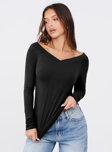 MIHOLL Womens Long Sleeve Shirts Sexy Off The Shoulder Going Out Tops Slim Fit Crop V Neck Blouses Fall Fashion 20253