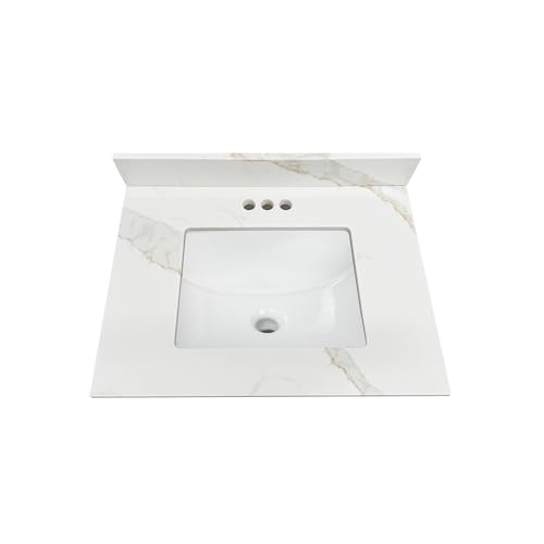 Image of Design House Calesco Calacatta Quartz Bathroom Vanity Top, White with Taupe and Grey Veining, Pre-Mounted White Bowl, 31 in L x 22 in W x 12.5 in H, with Backsplash, 4 in Center Set, 227900-CC-CC