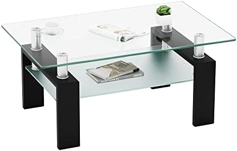 IANIYA Coffee Table with Metal Tube Legs, Glass and Rectangle End Table for Livingroom (Black)