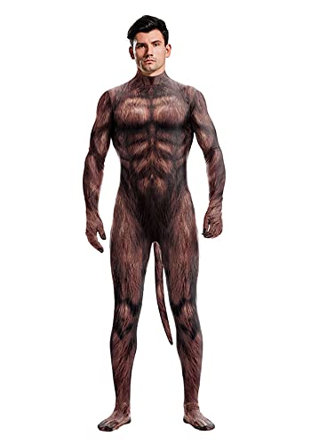 Bemeiren Bodysuit-Tierkostüm für Herren mit großem Schwanz Druck Petsuit Spandex pelziger Overall für Cosplay Halloween-Party XL