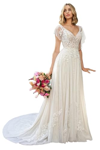 Thuliolpe Romantic Ivory Lace Wedding Dresses for Brides V Neck