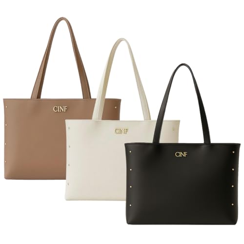 Bolsa Feminina Sacola Grande Kit Com 3 Peças Universitária De Ombro (Preta-Marfim-Amêndoa)