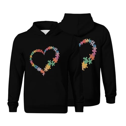 Kids Retro Autism Awareness Love Heart Puzzle Piece Boys Girls Lightweight Kangaroo Pocket Hoodies