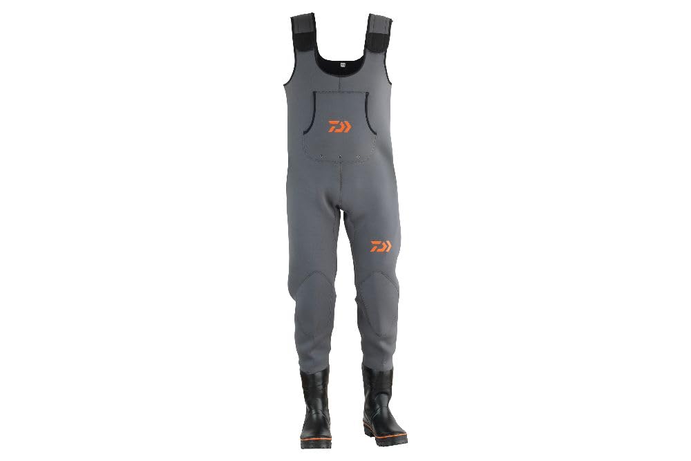 Daiwa D-VEC - Pantaloni da pesca in neoprene, 4 mm, per ginocchiere rinforzate, tasca sul petto, robusti stivali con gambo in acciaio, colore: Grigio
