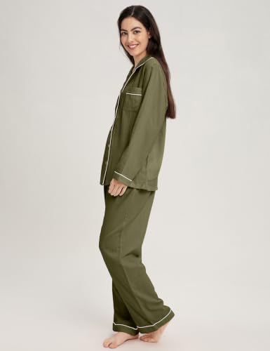 Image of Womens Muslin Pajama Set 100% Cotton Double Gauze Linen Like | Breathable Soft Comfort Button Up Loungewear Sleepwear PJ Set