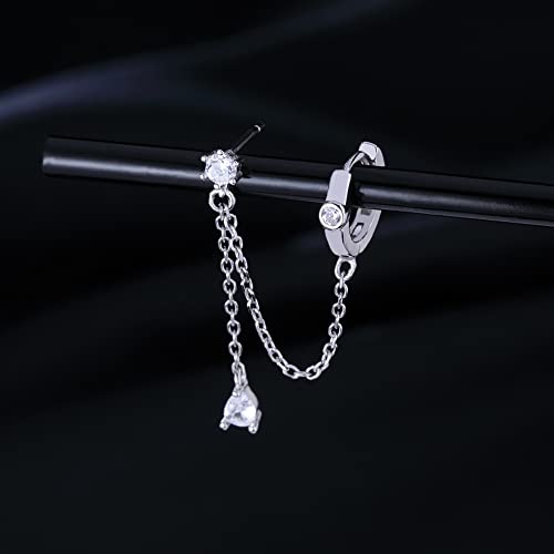 SLUYNZ Sterling Silver Double Piercing Earrings - Huggie Hoops with Chain, Droplet Dangle Design for Women3