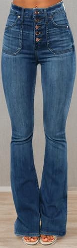 Women's Retro Style Skinny Bell Bottom Jeans Classic High Rise Button Fly Flare Jean Mid-Rise Slim Fit Long Bootcut Denim Pants (Navy Blue,Large)3
