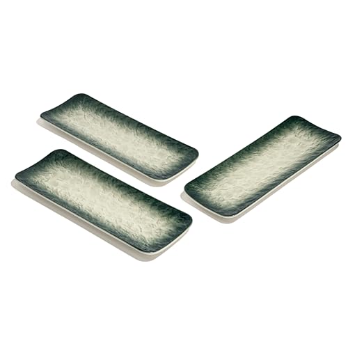Image of Beyond Homes Ceramic Sushi & Dimsum Tray Set of 3, 12 Inch | Long Rectangular Tray for Serving | Microwave & Dishwasher Safe | Ceramic Serving Platters for Dessert, Snacks and Momos (Green)