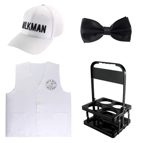 Yewong Adults 50s White Milkman Hat Vest Set Dairy Delivery Costume Set for Halloween Milk Man Cosplay