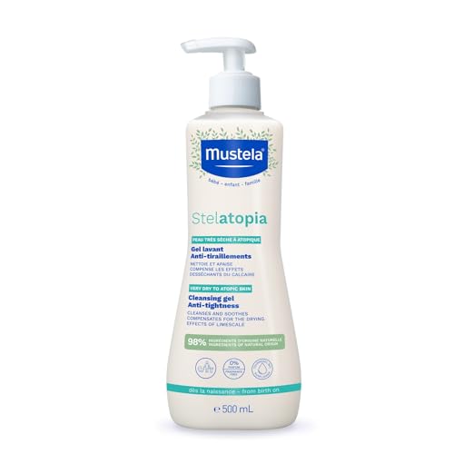 Mustela Stelatopia Gel Limpiador para Pieles con Sequedad Extrema o Dermatitis Atópica, Cuerpo y Cabello, Bebés, Niños, Toda la Familia - Calma el Picor, Sin Perfume (500ml)
