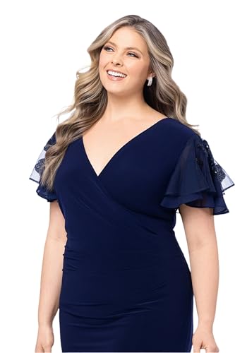 Image of Betsy & Adam Women's Plus Size V Neck Sequin Short Sleeve Jersey Knit Side Slit Dress, Navy, 14W