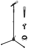 Professional Handheld Dynamic Microphone Kit - Unidirectional Vocal Wired Microphone w/Carry Bag, Metal Mic Stand, Holder/Clip & 16.4ft XLR Audio Cable to 1/4'' Audio Connection - Pyle PDMIC88ST