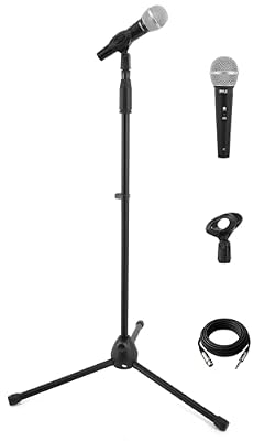 Professional Handheld Dynamic Microphone Kit - Unidirectional Vocal Wired Microphone w/Carry Bag, Metal Mic Stand, Holder/Clip & 16.4ft XLR Audio Cable to 1/4'' Audio Connection - Pyle PDMIC88ST