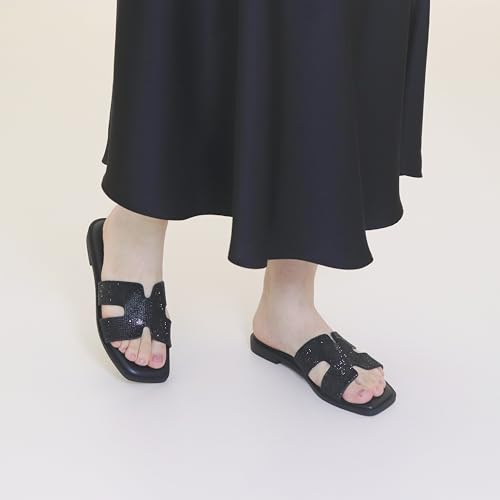 Image of Womens Slip On Flat Sandals Soft Leather Open Toe Slide for Summer Dressy