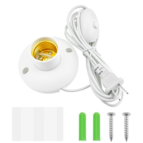 ZDRU 1Pack 10ft E26/E27 Light Bulb Socket with Cord | On/Off Switch Integrated Lamp Base with Wall Stickers & Screw | Desktop & Hanging Dual-Use Plug-in Holder