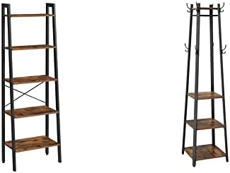 VASAGLE ALINRU 5-Tier Bookshelf, Industrial Bookcase and Storage Rack, 22.1 x 13.3 x 67.7 Inches, Rustic Brown & ALINRU Coat Rack with 3 Shelves, Rustic Brown and Black ULCR80X