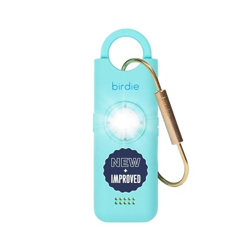 A small aqua blue personal safety alarm on a keyring clip.