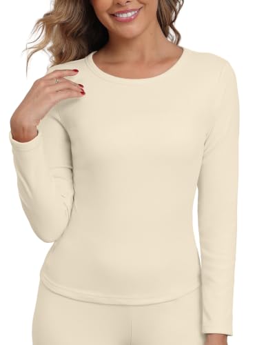 GRECERELLE Women Thermal T Shirt Round Neck Base Layer Top Beige - image 2