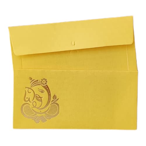 Image of Pack of 25 Matellic Bright-Yellow Colourful Designer Shagun Lifafa /Money Gift Envelope with Golden Ganesha for Gifting Money on Wedding, Birthday & Any Other Occasion